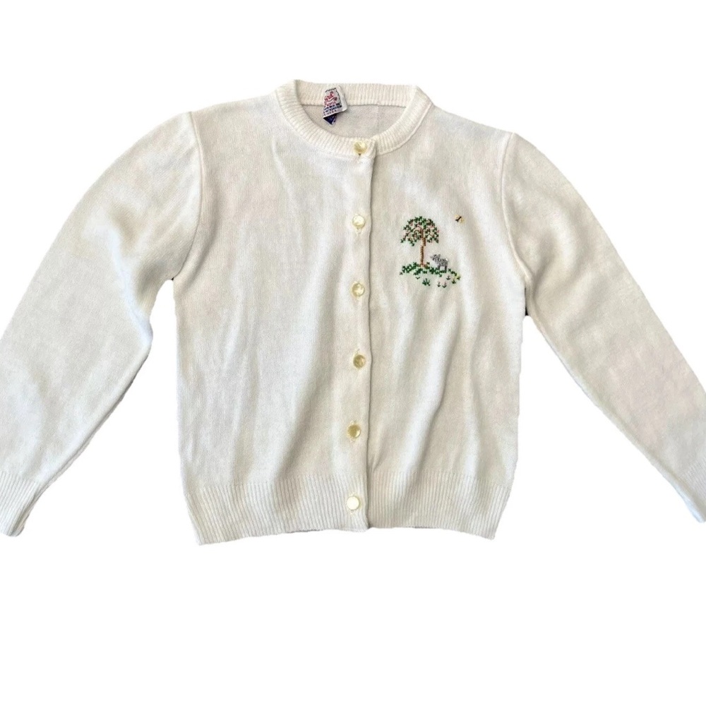 Blue Bird little girls‎ white acrylic embroidered  cardigan sweater SZ 4 Vintage